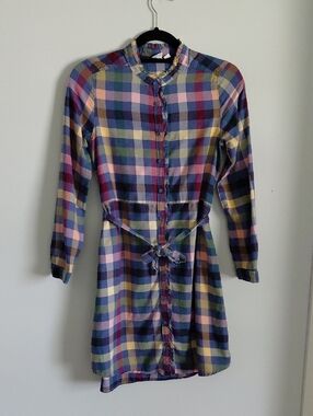 Gap Kids Colorful Multicolored Plaid Shirt Dress Belted Tie Waist Button Down